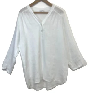 Rosemarine White Linen Pop Over Tunic Top Large Long Roll Tab Lagenlook Vacation - Picture 1 of 10