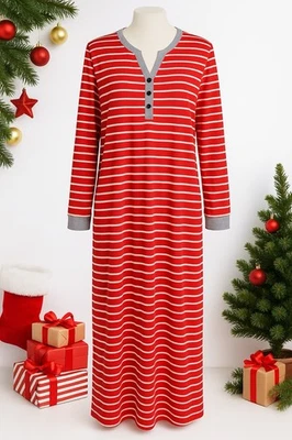 Ekouaer 红色条纹亨利睡衣 L 灰色装饰口袋长袖 — 第 1/3 张图片