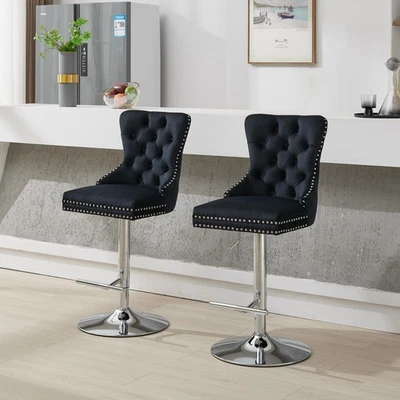 2 Set Velvet Barstools 25-33" Height Thick Chrome Swivel Pleating & Tufted Black - Image 1 of 4