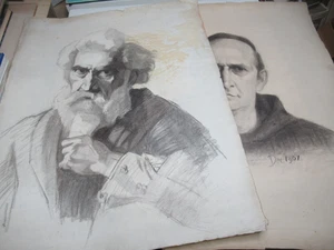 BELLES ETUDES DESSINS Orignaux PHILOSOPHE PATRIARCHE ET MOINE 1901 Fusain - Picture 1 of 5