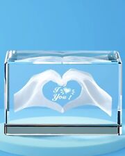 Crystal Gifts for Her or Him,Crystal Engraved 3D Heart in Hands,With I Love you