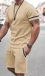 Shein Men Contrast Tape Tee With Drawstring Waist Shorts Beige Size Small - Picture 1 of 10