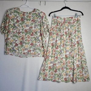 GUC Vtg Lee David Womens Medium Pleated Skirt Set White Floral Cottage Boho - Picture 1 of 24