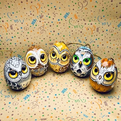 christmas tree decor Wooden Opening Owls Eggs 5pcs Hand Painted Jewellery Boxex - Image 1 of 4
