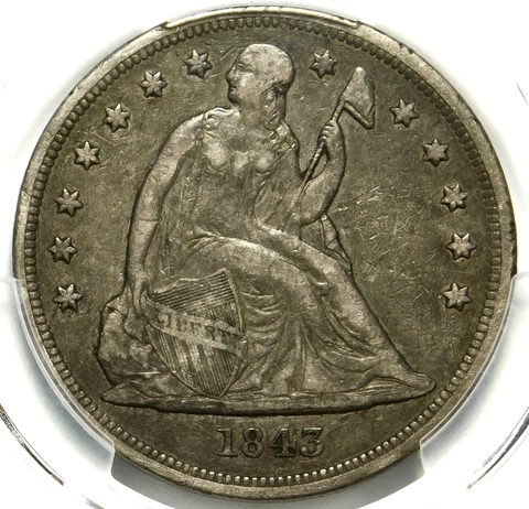 🦅🇺🇸❤️🤍💙😎PCGS VF30 1843 SEATED LIBERTY DOLLAR Cover