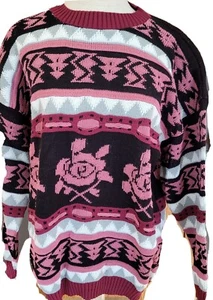 Vintage 80er Pullover Damen Nordic Tribal XL von Cafe LA Vie schwarz rosa Blumen USA - Bild 1 von 12