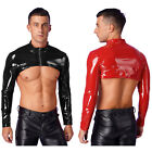 Mens Patent Leather Long Sleeve Crop Top Zipper Half Tops Nightclub Party Blouse