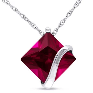Amour 10k White Gold 3.06 CT TGW Created Ruby Square Pendant With Chain, 17" - Picture 1 of 5