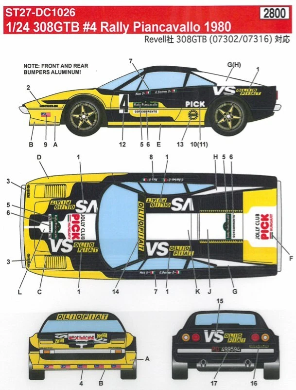 STUDIO27 1/24 308GTB #4 Rally Piancavallo 1980 per Revell DC1026 Decalcomania...