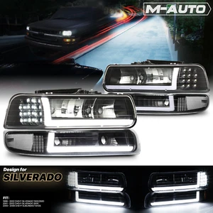 4pcs Black Housing Headlight Bumper[LED LIGHT BAR DRL] for 99-02 Chevy Silverado - Picture 1 of 10