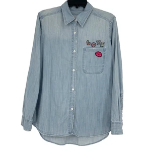 Rails Denim Chambray Button Up Shirt Love Patch Light Was Distressed Size S - Bild 1 von 10