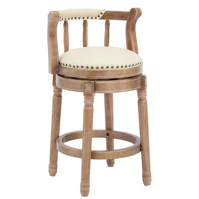Cow Top Leather Wood Bar Stools Seat Height 26'' Swivel Bar Height Chair,Beige - Image 1 of 4