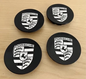 Porsche Wheel Center Caps Genuine Original OEM Black Chrome Logo Crest Set - Foto 1 di 5