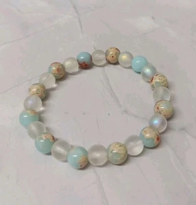 Stretchy Bracelet Aura Quartz & Ocean Sediment Beads Attracts Luck BNWOT - Picture 1 of 2