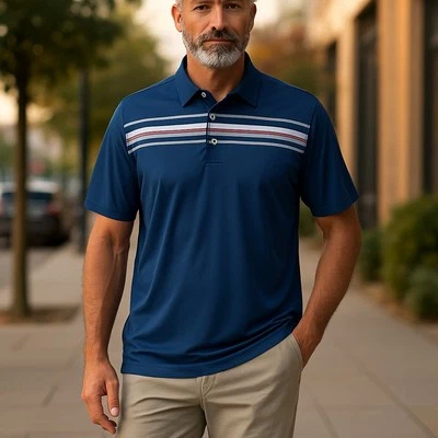 FootJoy FJ Lisle 胸部条纹高尔夫 Polo 男式 2XL 蓝色自领 ProDry 排汗 — 第 1/4 张图片