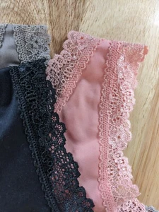 Secret Treasures 3-pc Thong Set, Pink, Gray, Black, Lace Edging w Bow Size S (5) - Picture 1 of 17