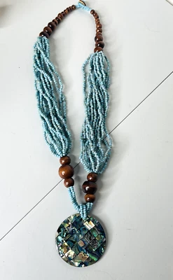New Women's Natural Paua Abalone Shell Pendant Necklace Seed Wood Beads Handmade - Image 1 of 4