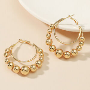 Big Large Womens Vintage Hoop Earrings Ball Bead Charm Earrings Gold Jewelry 2in