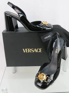 NIB VERSACE BLACK PATENT LEATHER GOLD MEDUSA LOGO SANDALS HEEL PUMPS 38.5 8.5 - Picture 1 of 12