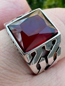Mens Real Solid 925 Sterling Silver Red Ruby Gem Stone Ring Sz 7-13 Pinky Signet