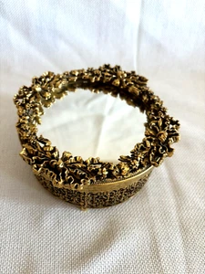 Vintage Round Gold Ormolu Filigree Jewelry Box w/Glass insert Hollywood regency - Picture 1 of 9