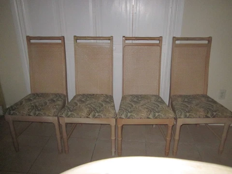 Hollywood  Regency Faux Bamboo dining four chairs upholstery fabric Cane back Cover