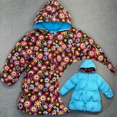 Abrigo de invierno One Kid niña 5 marrón rosa floral plumón chaqueta acolchada capucha reversible Foto 1 de 4