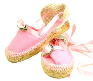 DE OSU - Spain -Baby Girls Pink Espadrilles with Ribbons Roses -European -Size 7 - Picture 1 of 3