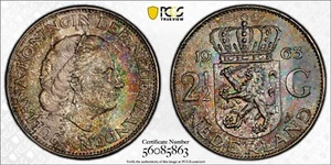 MS64 1963 Netherlands Silver 2 1/2 Gulden, PCGS Trueview- Nicely Rainbow Toned - Picture 1 of 5