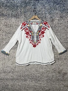 Johnny Was Belvedere Colorful Embroidered Floral Gauze Tunic Medium White Cotton - Picture 1 of 8
