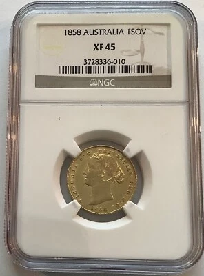 Australian 1858 Sydney Sovereign, NGC XF 45, Gold, Rare - Image 1 of 2