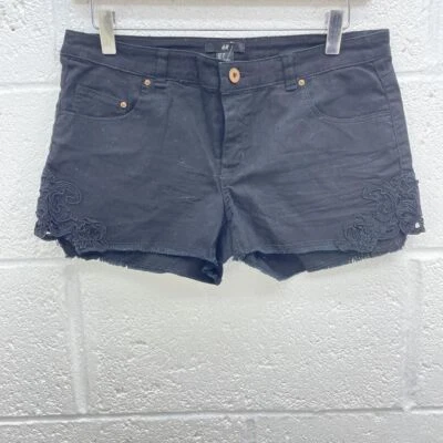 H&M BLACK DENIM SHORTS FLORAL LACE EMBROIDERY RAW HEM Y2K UK 10 - Image 1 of 4