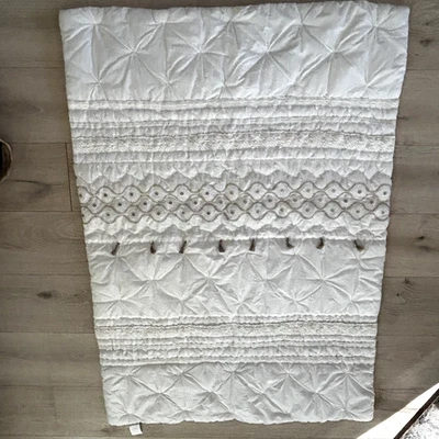 Pottery Barn Kids Baby Toddler Quilt White Embroidered Metallic Flowers Tassels - Image 1 of 4