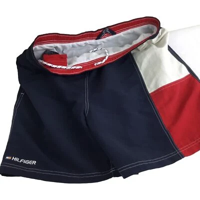 Vintage Tommy Hilfiger Shorts Trunks Spell Out Flag Colorblock Men Sz L Nylon  - Image 1 of 4