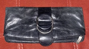 HOBO International Black Leather Fold Over Clutch Purse Zip Closure Bag - Picture 1 of 7