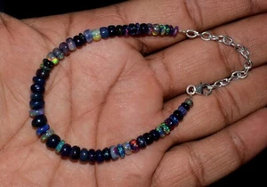 Massiver 925 Sterlingsilber natürlicher äthiopischer Opal 3 bis 5 mm Perlen 7 Zoll Armband F0354 - Bild 1 von 5