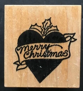 MERRY CHRISTMAS HOLLY HEART SASH HOLIDAY GREETING PSX C-288 Wood Rubber Stamp - Picture 1 of 4