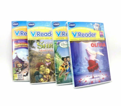 Lot of 4 Vtech VReader Interactive e-Books: Shrek Madagascar Tinkerbell Olivia - Image 1 of 4