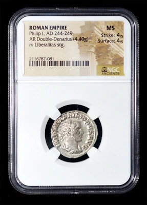 NGC MS 4/5 - 4/5 AD 244 Roman Empire Philip I AR Antoninianus (22mm, 4.40gm, 6h) - Image 1 of 4