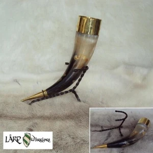 Medieval Viking Large Ceremonial Drinking Horn With Brass Ends & Iron Stand. - Picture 1 of 1