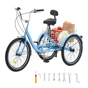 20" Adult Tricycles Bike 3 Wheel Trike Bicycle 7 Speed Carbon Steel Blue - Picture 1 of 12
