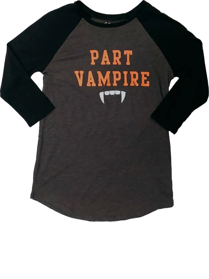 Camiseta Raglán Junior Mujer Gris y Negra Parte Vampiro Halloween Vacaciones Foto 1 de 1