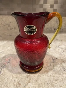 Vintage Kanawha Ruby Red Glass Pitcher Amberina Handle with Original Tag - Picture 1 of 11