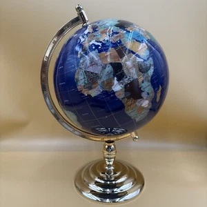 GORGEOUS Large 22" Lapis Gemstone World Globe On Polished Brass Stand Red Bottom - Picture 1 of 14