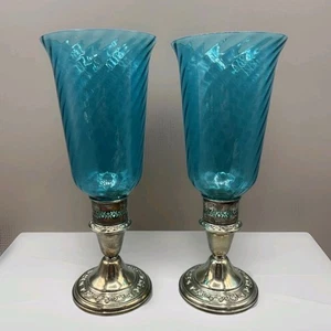 Gorham Sterling Silver Candlesticks Blue Swirl Glass & Clear Set 1129 Weighted - Picture 1 of 7