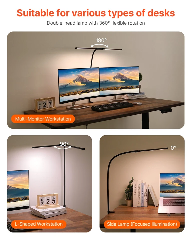 VEVOR LED Desk Lamp with Clamp Double Head Desk Lamp with 360° Adjustable
