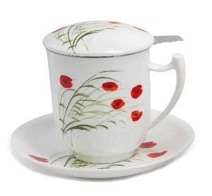 TeaLogic Caprice Teesieb-Becher 0,4 l - Fine Bone China Porzellan - Mohnblumen - Bild 1 von 2