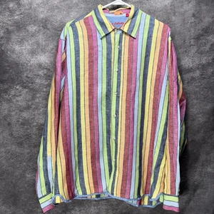 Report Collection Button Up Shirt Mens XL 100% Linen Rainbow Colorful Striped - Picture 1 of 13