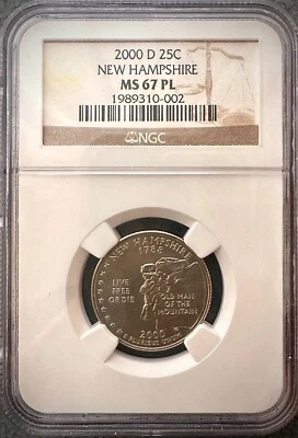 2000-D New Hampshire State Quarter MS 67 PL Low Pop Only 12 Rare PL Designation  - Image 1 of 4