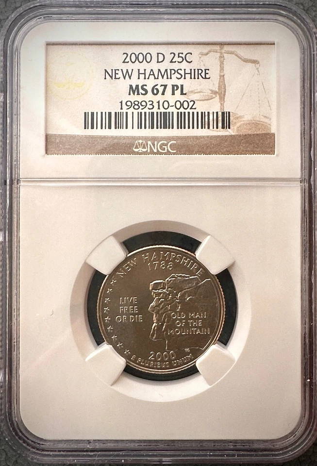 2000-D New Hampshire State Quarter MS 67 PL Low Pop Only 12 Rare PL Designation  - Image 1 of 4
